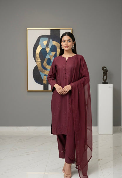 Classic Maroon Embroidered-Stitched 3Piece