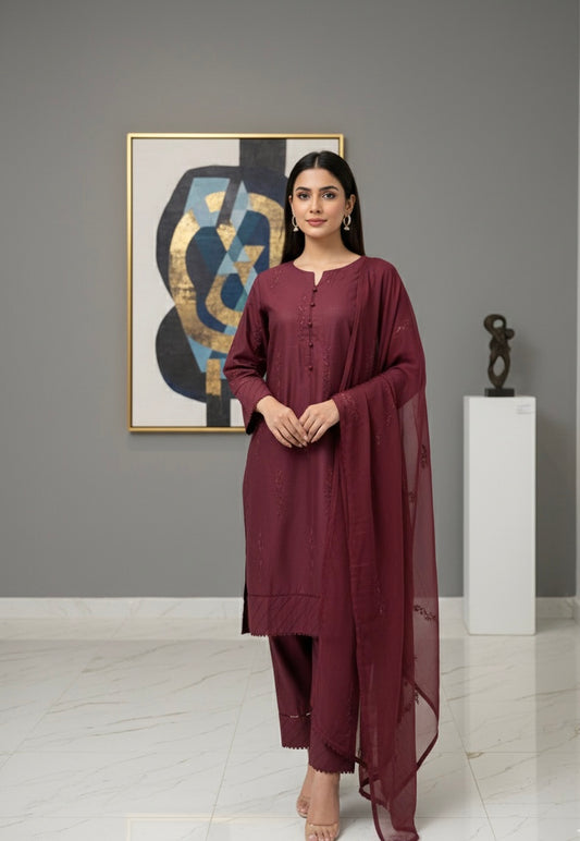 Classic Maroon Embroidered-Stitched 3Piece