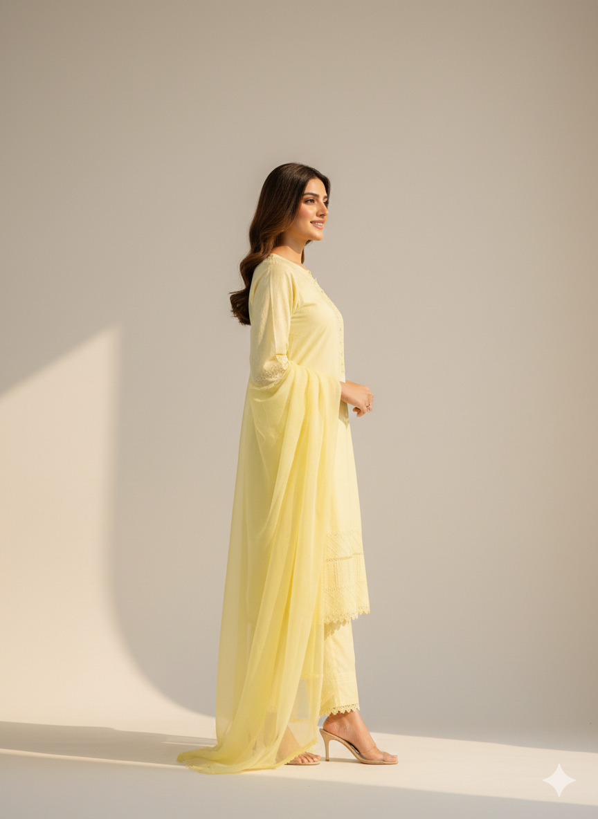 light yellow embroidered 3-piece