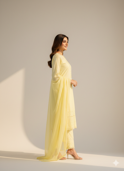 light yellow embroidered 3-piece