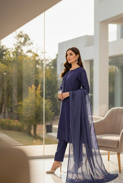 Classic blue Embroidered-Stitched 3Piece