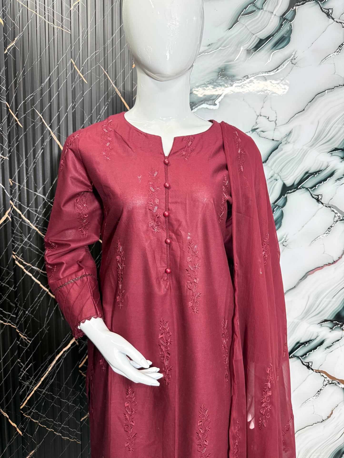 Classic Maroon Embroidered-Stitched 3Piece