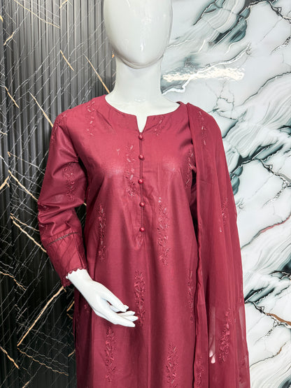 Classic Maroon Embroidered-Stitched 3Piece