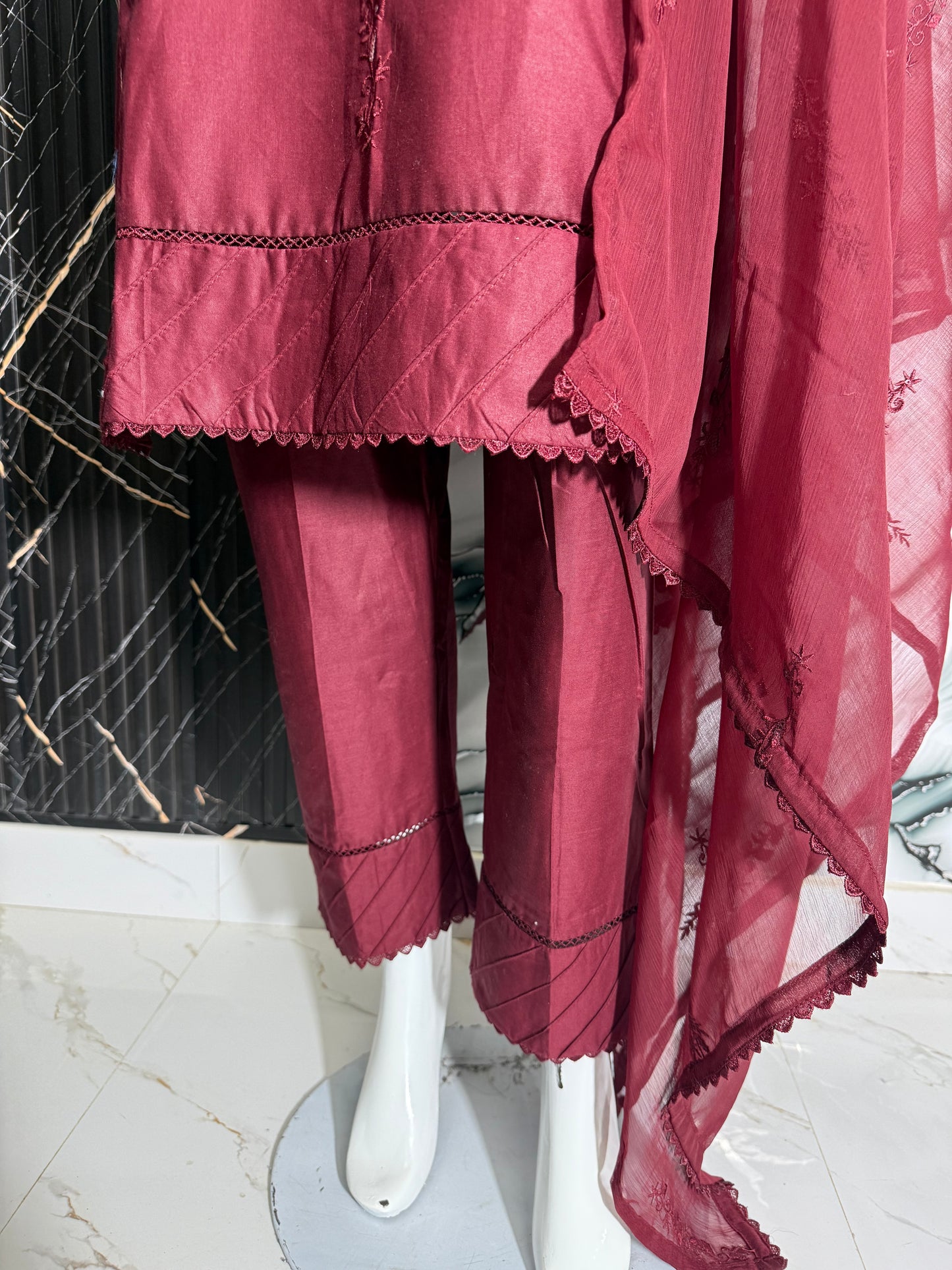 Classic Maroon Embroidered-Stitched 3Piece