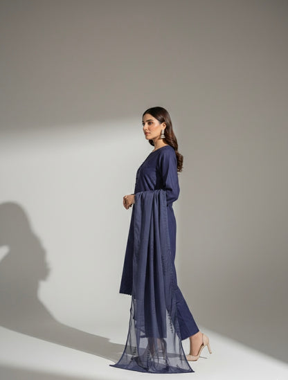 Classic blue Embroidered-Stitched 3Piece