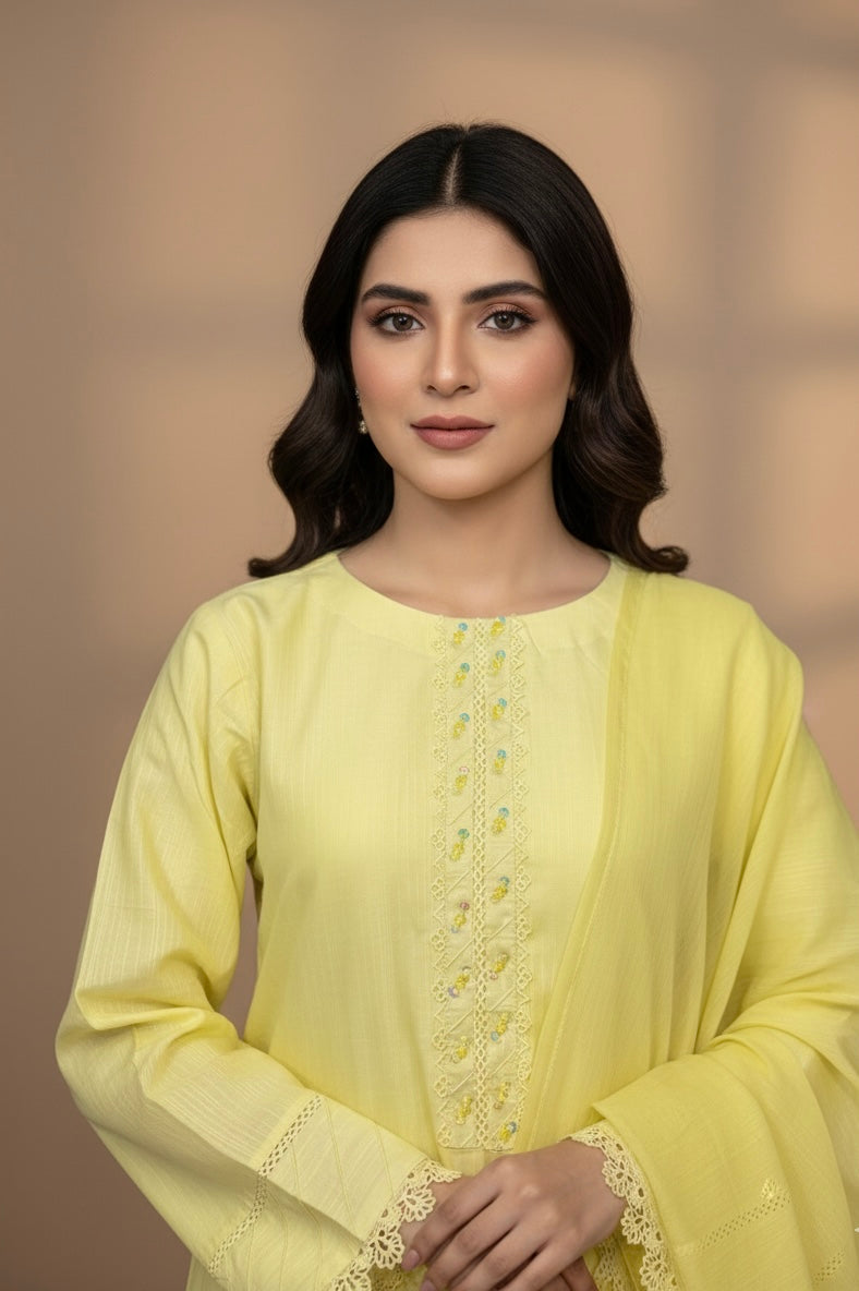 light yellow embroidered 3-piece