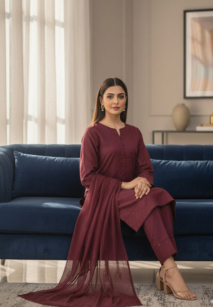 Classic Maroon Embroidered-Stitched 3Piece