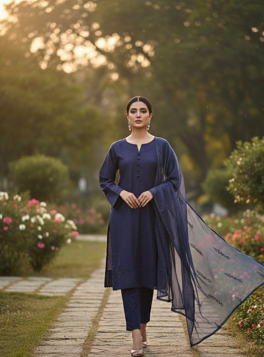 Classic blue Embroidered-Stitched 3Piece
