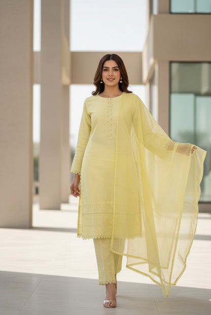 light yellow embroidered 3-piece