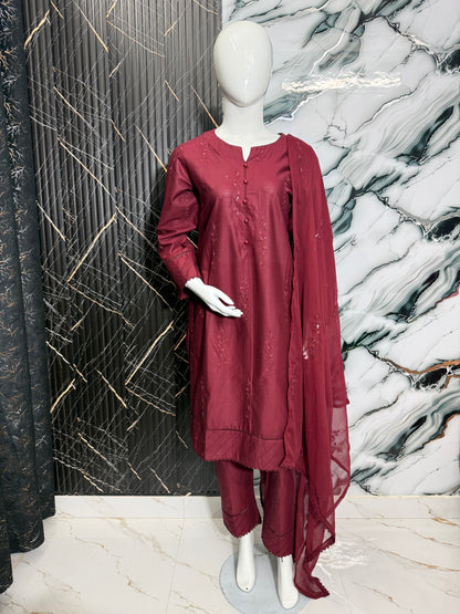 Classic Maroon Embroidered-Stitched 3Piece