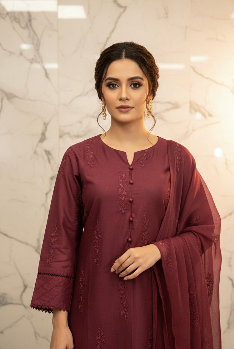 Classic Maroon Embroidered-Stitched 3Piece