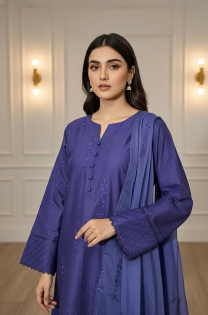 Classic blue Embroidered-Stitched 3Piece